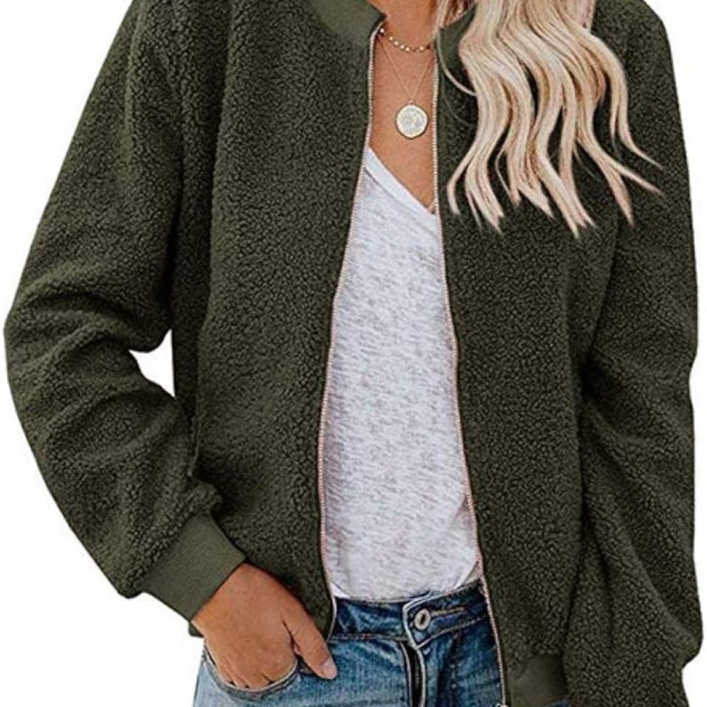 Women’s Sherpa Fleece Bomber Jacket Olive Green Size Large